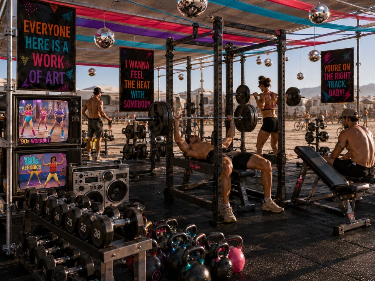 The fully equipped Pop Gym on the playa with free weights, workout benches, retro decor, and disco balls